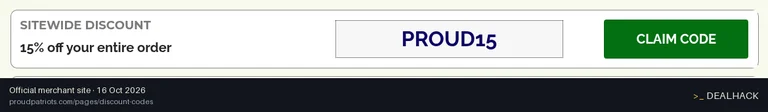 Screenshot of Proud Patriots's website on Oct 16, 2026 showing the "Get 15% Off Your Entire Order" offer