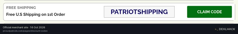 Screenshot of Proud Patriots's website on Oct 16, 2026 showing the "Enjoy Free U.S. Shipping on Your First Order" offer