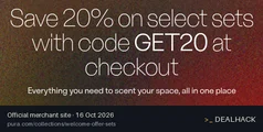 Screenshot of Pura's website on Oct 16, 2026 showing the "Save 20% on Select Pura Fragrance Sets" offer