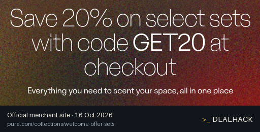Screenshot of Pura's website on Oct 16, 2026 showing the "Save 20% on Select Pura Fragrance Sets" offer