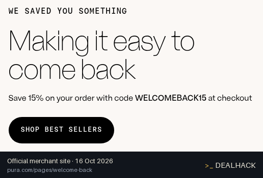 Screenshot of Pura's website on Oct 16, 2026 showing the "Save 15% on Your Pura Order" offer
