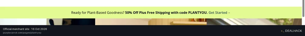 Screenshot of Purple Carrot's website on Oct 16, 2026 showing the "Save 50% on Purple Carrot Meal Kits" offer