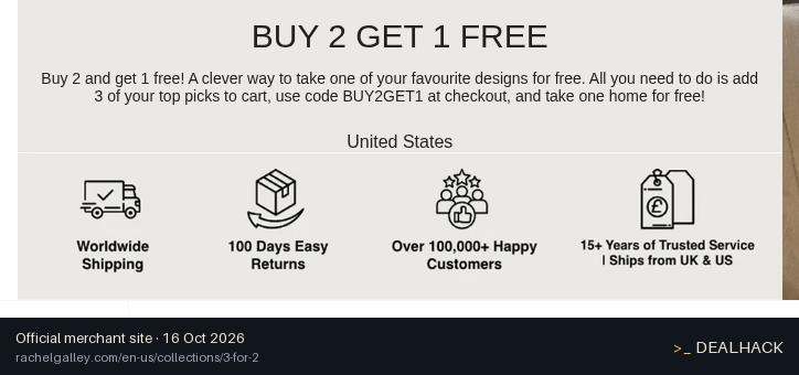Screenshot of Rachel Galley's website on Oct 16, 2026 showing the "Buy 2 Get 1 Free on 3-for-2 Jewellery" offer