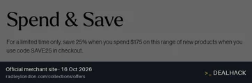 Screenshot of Radley London's website on Oct 16, 2026 showing the "Save 25% on Selected Full-Price Styles Over $175" offer