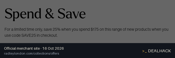 Screenshot of Radley London's website on Oct 16, 2026 showing the "Save 25% on Selected Full-Price Styles Over $175" offer