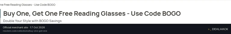 Screenshot of Readers.com's website on Oct 17, 2026 showing the "Buy One, Get One Free Reading Glasses" offer