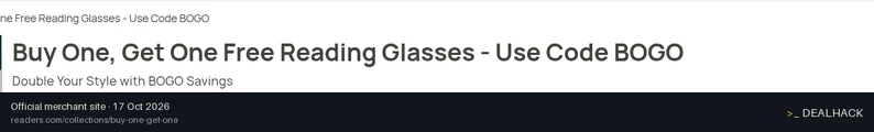Screenshot of Readers.com's website on Oct 17, 2026 showing the "Buy One, Get One Free Reading Glasses" offer