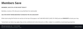Screenshot of Red Roof's website on Oct 18, 2026 showing the "Save 15% on Red Roof Stays for Members" offer