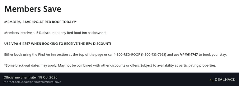 Screenshot of Red Roof's website on Oct 18, 2026 showing the "Save 15% on Red Roof Stays for Members" offer