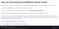 Screenshot of Red Roof's website on Oct 18, 2026 showing the "Government & Military Travel: Up to 10% Off With Code" offer