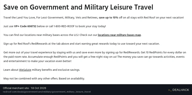 Screenshot of Red Roof's website on Oct 18, 2026 showing the "Government & Military Travel: Up to 10% Off With Code" offer