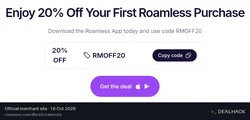 Screenshot of Roamless's website on Oct 16, 2026 showing the "Save 20% on Your First Roamless Purchase" offer