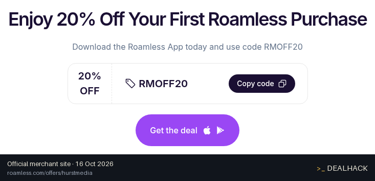 Screenshot of Roamless's website on Oct 16, 2026 showing the "Save 20% on Your First Roamless Purchase" offer