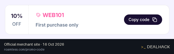 Screenshot of Roamless's website on Oct 16, 2026 showing the "10% Off First Purchase Welcome Offer" offer
