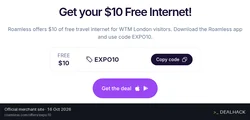 Screenshot of Roamless's website on Oct 16, 2026 showing the "$10 Free Credit for Event Visitors" offer