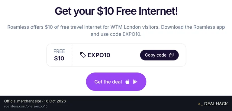 Screenshot of Roamless's website on Oct 16, 2026 showing the "$10 Free Credit for Event Visitors" offer