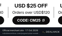 Screenshot of Robotime's website on Oct 17, 2026 showing the "Save $25 on Orders Over $120" offer