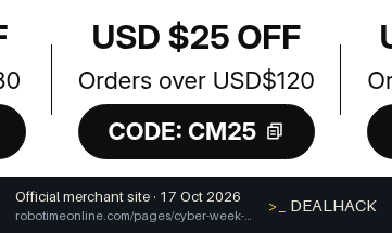 Screenshot of Robotime's website on Oct 17, 2026 showing the "Save $25 on Orders Over $120" offer