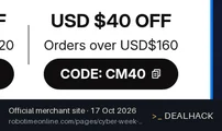 Screenshot of Robotime's website on Oct 17, 2026 showing the "Save $40 on Orders Over $160" offer