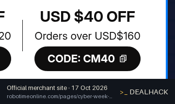 Screenshot of Robotime's website on Oct 17, 2026 showing the "Save $40 on Orders Over $160" offer