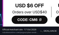 Screenshot of Robotime's website on Oct 17, 2026 showing the "Save $6 on Orders Over $40" offer