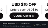 Screenshot of Robotime's website on Oct 17, 2026 showing the "Save $15 on Orders Over $80" offer