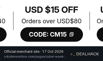 Screenshot of Robotime's website on Oct 17, 2026 showing the "Save $15 on Orders Over $80" offer
