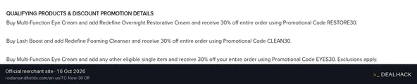 Screenshot of Rodan + Fields's website on Oct 16, 2026 showing the "Save 30% With a Multi-Function Eye Cream Purchase" offer