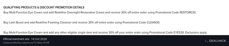 Screenshot of Rodan + Fields's website on Oct 16, 2026 showing the "Save 30% With a Multi-Function Eye Cream Purchase" offer