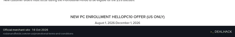 Screenshot of Rodan + Fields's website on Oct 16, 2026 showing the "Save 10% on Your First Preferred Customer Order" offer
