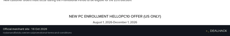 Screenshot of Rodan + Fields's website on Oct 16, 2026 showing the "Save 10% on Your First Preferred Customer Order" offer