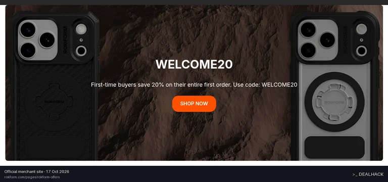 Screenshot of Rokform's website on Oct 17, 2026 showing the "Save 20% on Your First Rokform Order" offer