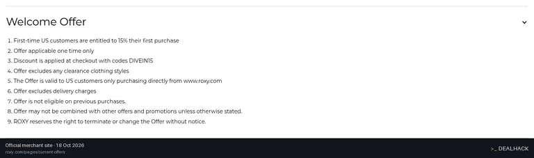 Screenshot of ROXY's website on Oct 18, 2026 showing the "15% Off First ROXY Order for New Customers" offer