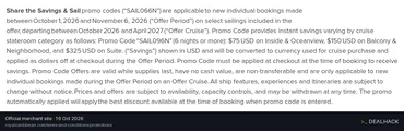 Screenshot of Royal Caribbean International's website on Oct 16, 2026 showing the "Save Up to $325 on Select Cruises of 6+ Nights" offer