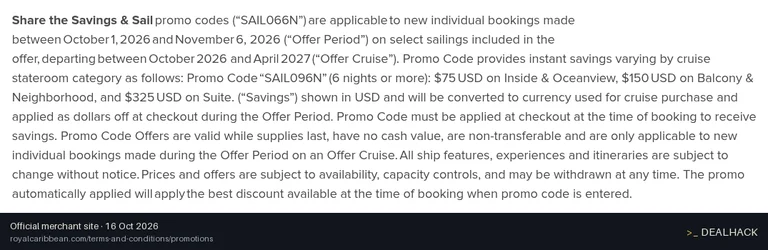 Screenshot of Royal Caribbean International's website on Oct 16, 2026 showing the "Save Up to $325 on Select Cruises of 6+ Nights" offer