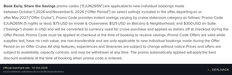 Screenshot of Royal Caribbean International's website on Oct 16, 2026 showing the "Save Up to $300 on Select Short Cruises" offer