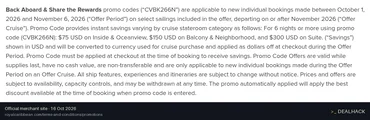 Screenshot of Royal Caribbean International's website on Oct 16, 2026 showing the "Save Up to $300 on Select Cruises of 6+ Nights" offer