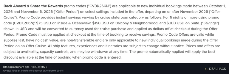 Screenshot of Royal Caribbean International's website on Oct 16, 2026 showing the "Save Up to $300 on Select Cruises of 6+ Nights" offer