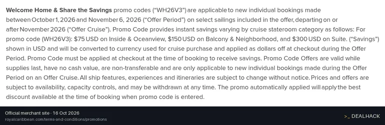 Screenshot of Royal Caribbean International's website on Oct 16, 2026 showing the "Save Up to $300 on Select Sailings From November 2026" offer