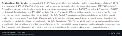 Screenshot of Royal Caribbean International's website on Oct 16, 2026 showing the "Save Up to $325 on Select Cruises Departing January 2027" offer