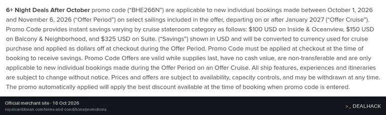 Screenshot of Royal Caribbean International's website on Oct 16, 2026 showing the "Save Up to $325 on Select Cruises Departing January 2027" offer