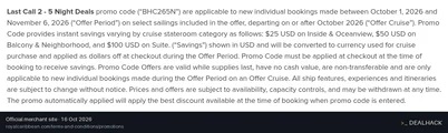 Screenshot of Royal Caribbean International's website on Oct 16, 2026 showing the "Save Up to $100 on Select 25 Night Cruises" offer