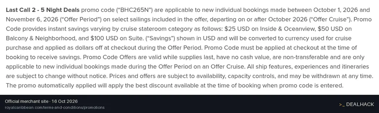 Screenshot of Royal Caribbean International's website on Oct 16, 2026 showing the "Save Up to $100 on Select 25 Night Cruises" offer