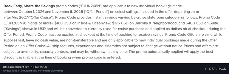 Screenshot of Royal Caribbean International's website on Oct 16, 2026 showing the "Save Up to $400 on Select 6+ Night Cruises" offer