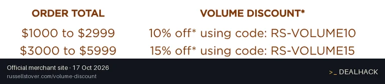 Screenshot of Russell Stover Chocolates's website on Oct 17, 2026 showing the "Save 10% on Online Orders of $1,000-$2,999" offer