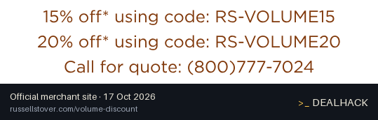 Screenshot of Russell Stover Chocolates's website on Oct 17, 2026 showing the "Save 20% on Online Orders of $6,000-$9,999" offer