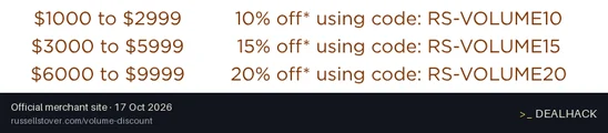 Screenshot of Russell Stover Chocolates's website on Oct 17, 2026 showing the "Save 15% on Online Orders of $3,000-$5,999" offer