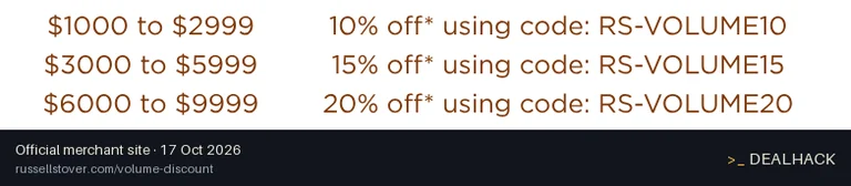Screenshot of Russell Stover Chocolates's website on Oct 17, 2026 showing the "Save 15% on Online Orders of $3,000-$5,999" offer