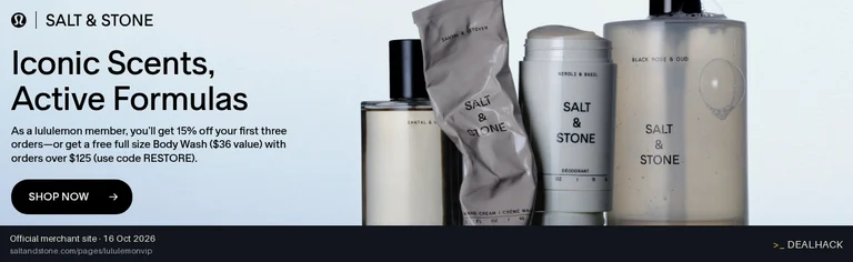 Screenshot of SALT & STONE's website on Oct 16, 2026 showing the "Lululemon Member 15% Off or Free Body Wash" offer