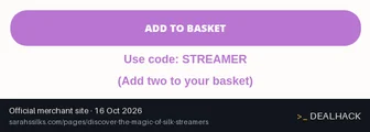 Screenshot of Sarah's Silks's website on Oct 16, 2026 showing the "Get a Free Rainbow Streamer When You Buy One" offer